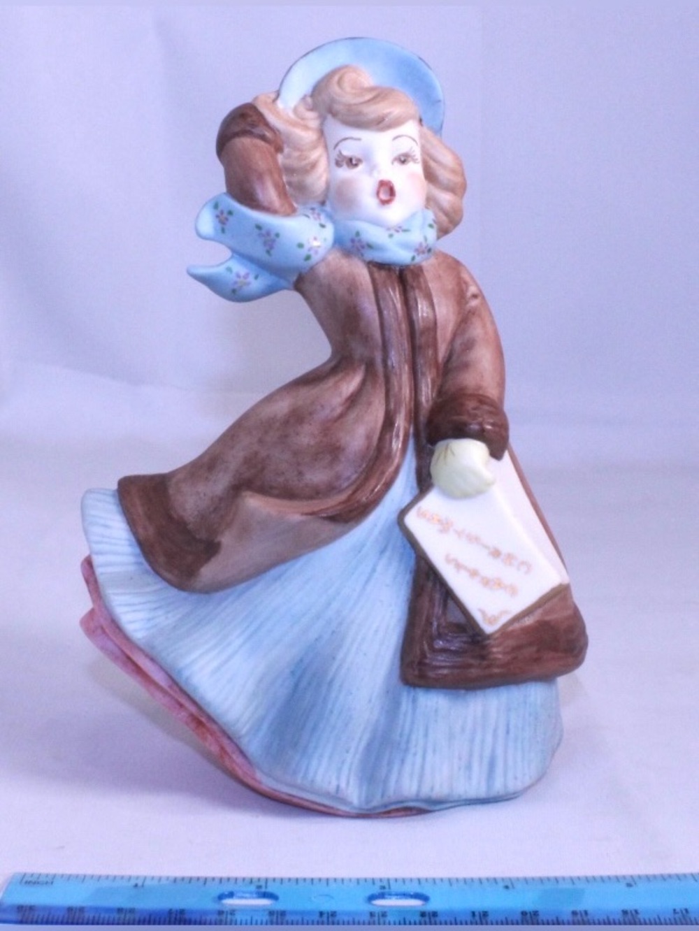 Vintage Atlantic Mold Co. hand-painted ceramic Caroler Figurine - blue, brown